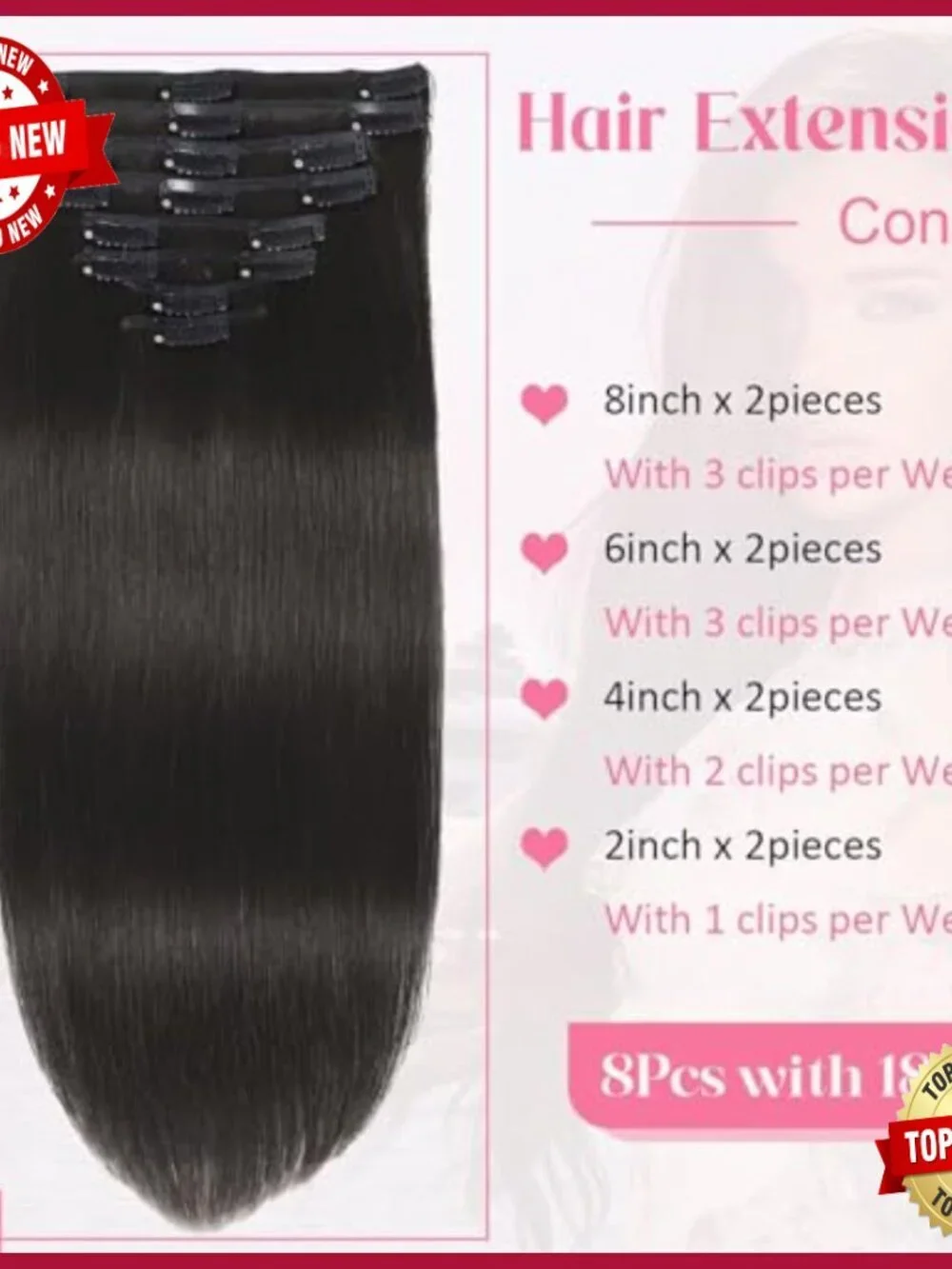 24 Inch Clip In Human Hair Extensions 8 Pieces 120g Salon Quality